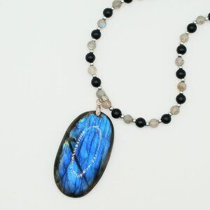 Beautiful Blue Labradorite Handmade 20 Inch Beaded Necklace With Large Pendant